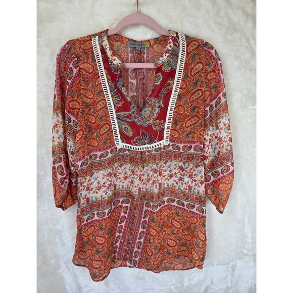 figueroa & flower Tops - Figueroa & Flower Womens Paisley Floral V-Neck Roll Tab Sleeve‎ Blouse Orange S